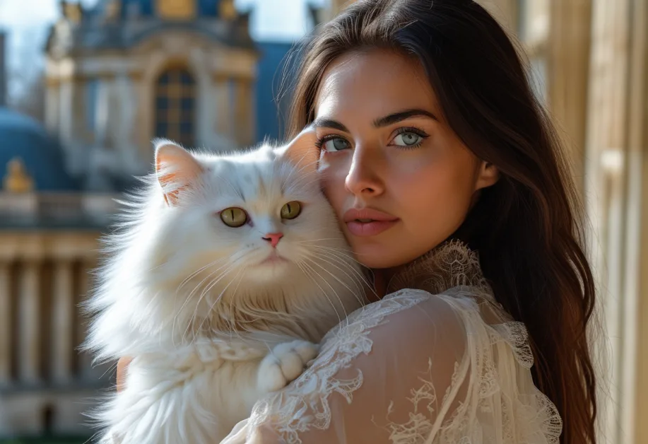 แมวเปอร์เซีย Versailles - แมวแห่งราชวังที่เต็มไปด้วยความงดงาม: แมวเปอร์เซียที่ยืนอยู่บนพรมหรูใน Versailles Palace ด้วยขนสีสดใสและท่าทางที่ดูเรียบร้อย ภาพนี้สะท้อนความสง่างามของแมวเปอร์เซีย