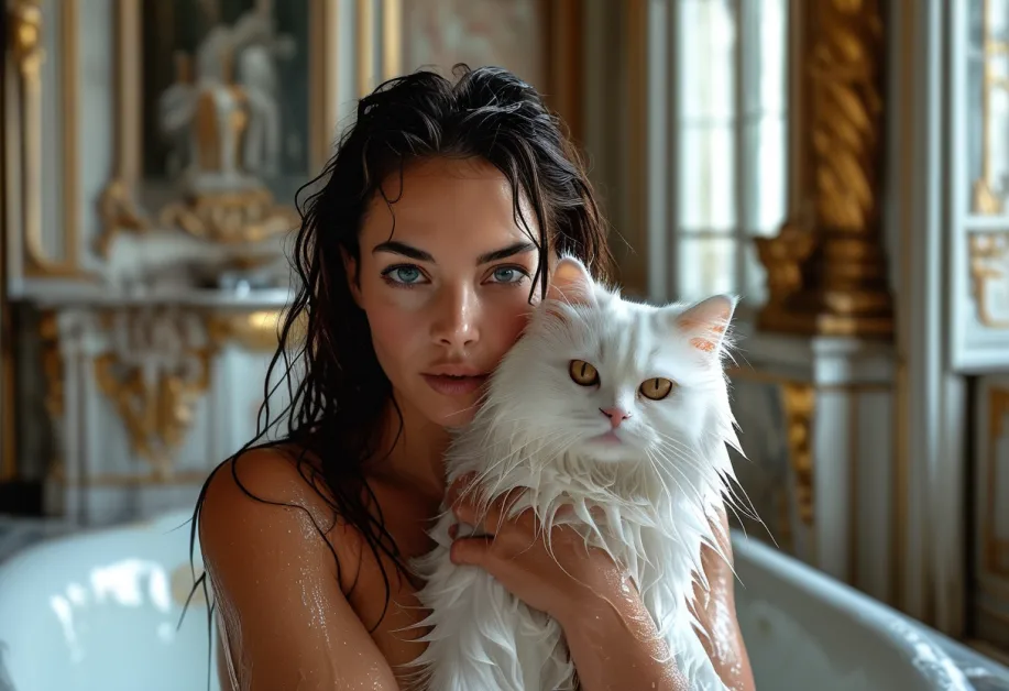 แมวเปอร์เซีย Versailles - ขนเงางามและน่าทะนุถนอม: แมวเปอร์เซียขนยาวนั่งอยู่ในมุมสงบของ Versailles Palace พร้อมท่าทางนุ่มนวลและขนเงางาม สะท้อนถึงความเรียบง่ายแต่หรูหรา