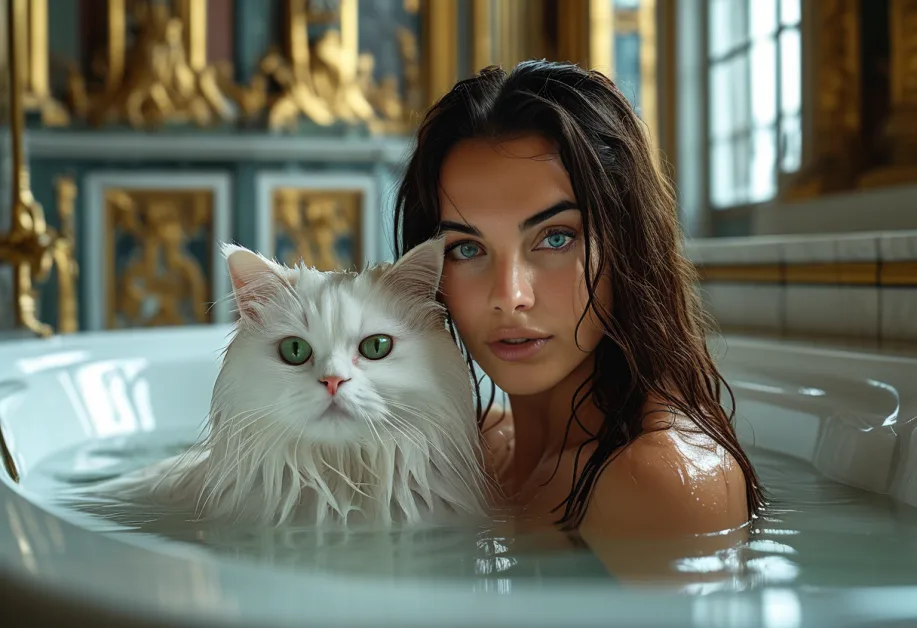 แมวเปอร์เซีย Versailles - สัมผัสความสง่างามอย่างแท้จริง: แมวเปอร์เซียที่ยืนอย่างมั่นใจในบรรยากาศของพระราชวังแวร์ซาย สายตาคมและขนยาวดูหรูหรา ทำให้แมวตัวนี้ดูมีเสน่ห์และน่าดึงดูด