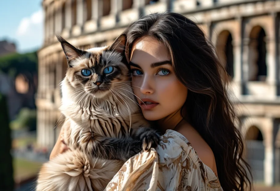 แมวบาหลียืนบนพื้นโคลอสเซียมในแสงแดดอ่อน ๆ เผยความงามที่คลาสสิกของแมวและโบราณสถานอันยิ่งใหญ่