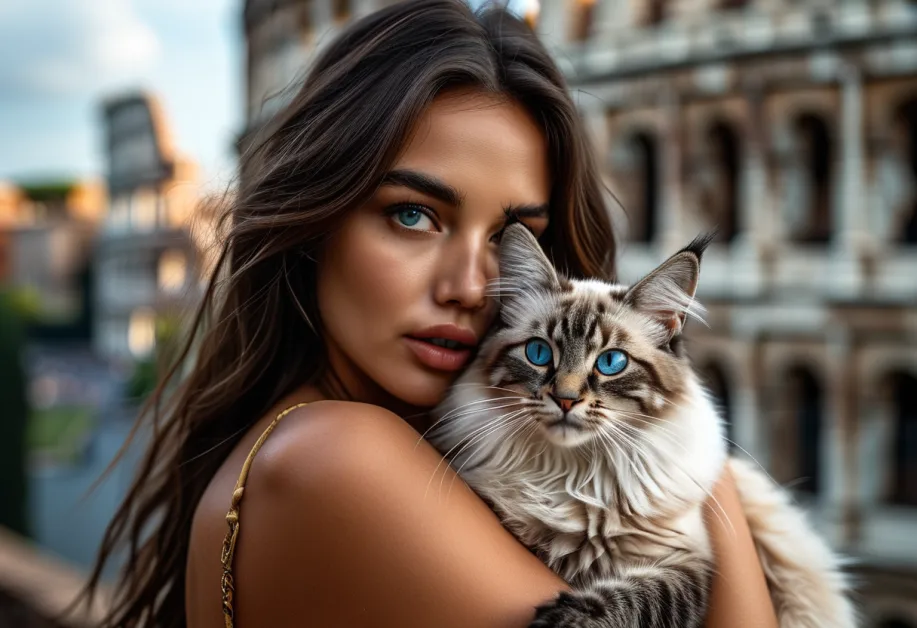 แมวบาหลีท่ามกลางโคลอสเซียมในกรุงโรม รูปภาพแสดงถึงความสง่างามของแมวบาหลีเมื่ออยู่ในสถานที่ประวัติศาสตร์ที่ยิ่งใหญ่ของอิตาลี