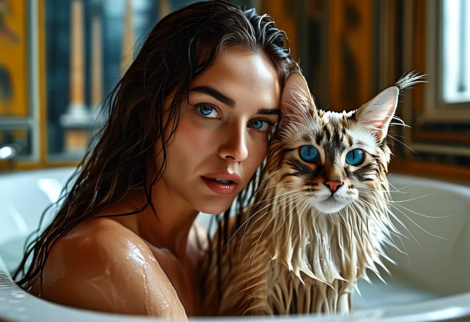 แมวบาหลีขนฟูยืนเผชิญหน้ากับโคลอสเซียมในแสงแดด ให้ภาพลักษณ์ที่น่าประทับใจของความงดงามและความนุ่มนวล