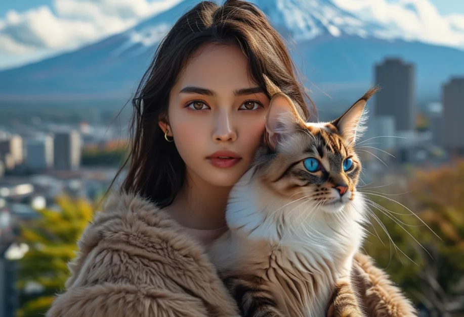 แมวบาหลีชมธรรมชาติบนภูเขาไฟฟูจิ - ภาพแมวบาหลีที่นั่งสง่างามและนิ่งสงบพร้อมกับภูเขาไฟฟูจิในฉากหลัง ทำให้ผู้ชมรู้สึกถึงความงามของธรรมชาติและความสุขที่แท้จริง