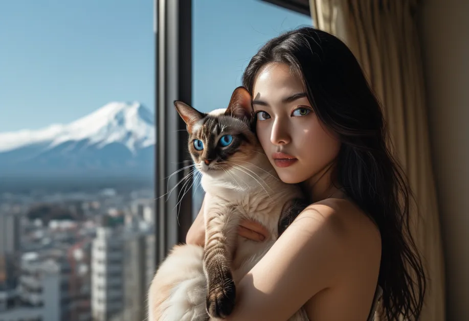 แมวบาหลีในยามเย็นกับวิวภูเขาไฟฟูจิ - ภาพแมวบาหลีในยามเย็นที่เงียบสงบ ร่วมกับภูมิทัศน์ของภูเขาไฟฟูจิ ทำให้บรรยากาศดูมีเสน่ห์และน่าหลงใหล