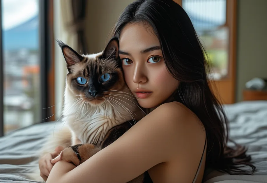 แมวบาหลีในฉากภูเขาไฟฟูจิที่เงียบสงบ - แมวบาหลีที่อยู่ในฉากภูเขาไฟฟูจิอย่างเงียบสงบ เพิ่มความรู้สึกของการพักผ่อนและความเป็นส่วนตัว