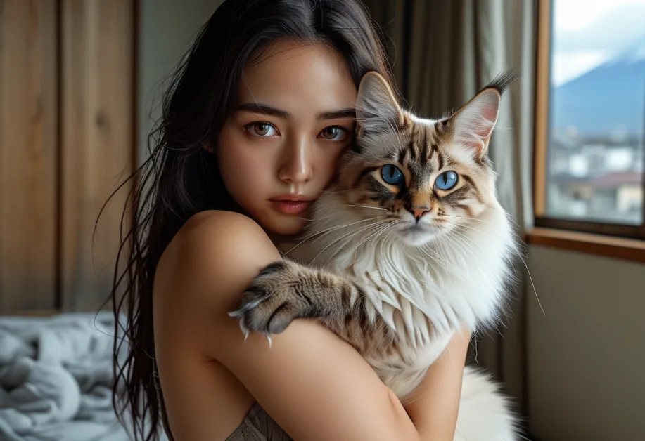 แมวบาหลีและภูเขาไฟฟูจิในยามเช้า - แมวบาหลีสีสวยอยู่บนพื้นหิมะที่เงียบสงบใกล้ภูเขาไฟฟูจิ เพิ่มเติมด้วยวิวธรรมชาติที่เป็นเอกลักษณ์ สร้างความรู้สึกสันติและงดงาม