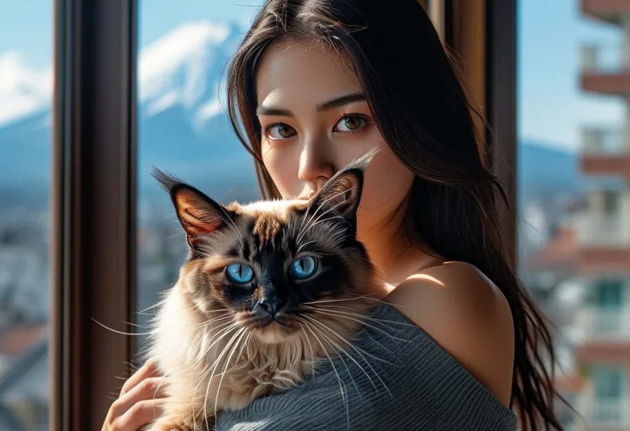 แมวบาหลีบนภูเขาไฟฟูจิพร้อมขนฟูสวยงาม - ภาพนี้แสดงแมวบาหลีที่มีเสื้อโค้ทสีจุดเด่นในบรรยากาศงดงามของภูเขาไฟฟูจิ สื่อถึงความสง่างามและลึกลับในฉากธรรมชาติที่ลงตัว