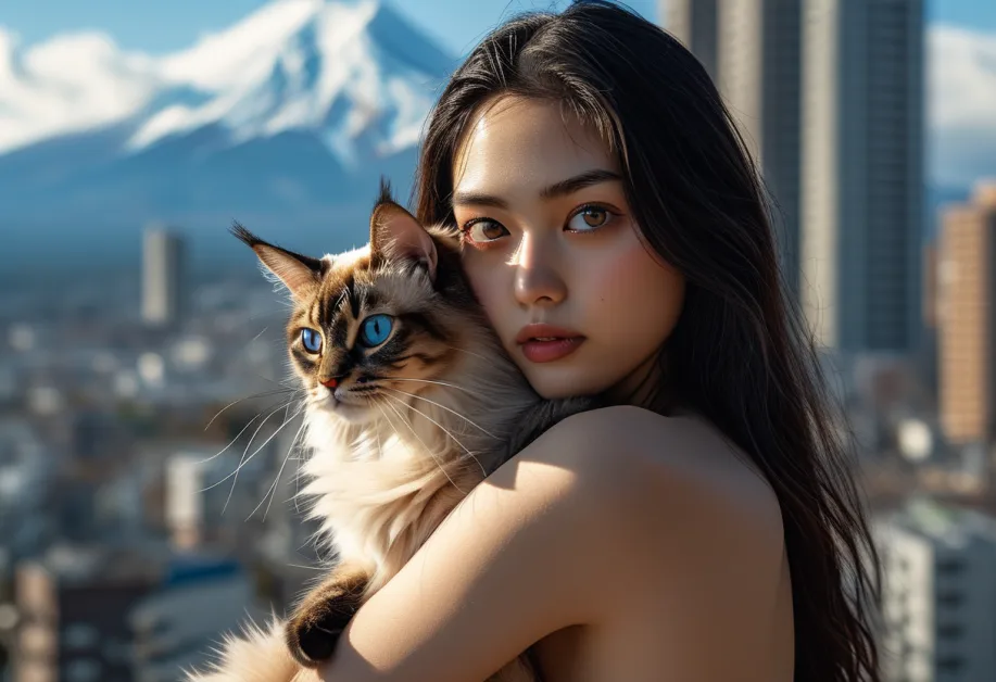 แมวบาหลียืนเด่นบนพื้นหิมะที่ภูเขาไฟฟูจิ - แมวบาหลีขนฟูยืนบนพื้นหิมะ ขนที่ยาวและสวยงามเพิ่มความสง่างามให้กับภูเขาไฟฟูจิในฉากหลัง