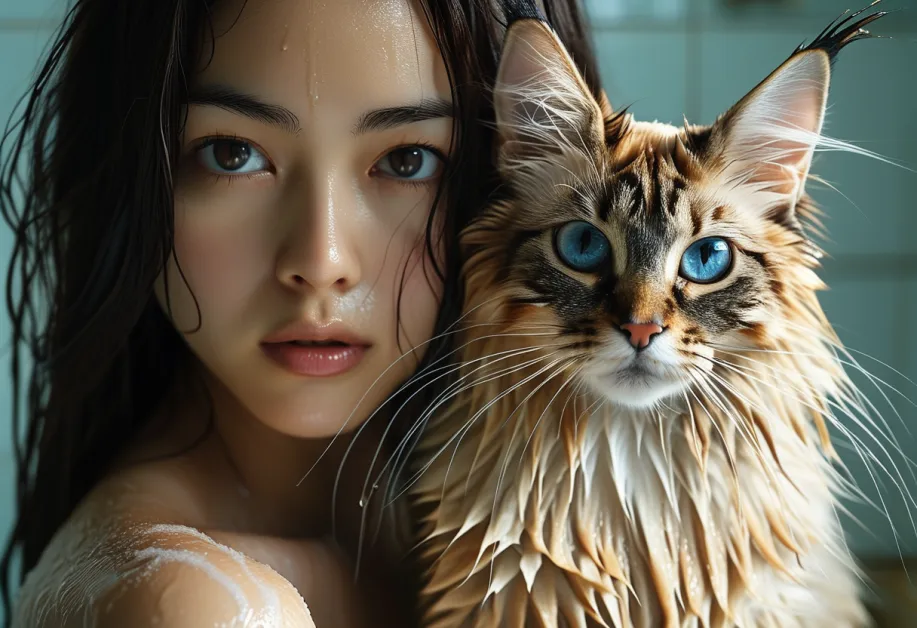 แมวบาหลีนั่งชื่นชมวิวภูเขาไฟฟูจิ - แมวบาหลีที่สง่างามกำลังนั่งอยู่บนพื้นหิน มีภูเขาไฟฟูจิเป็นฉากหลัง ทำให้ภาพดูสมบูรณ์แบบด้วยความสงบและความรู้สึกถึงการผจญภัย