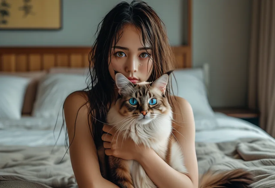 แมวบาหลียืนเคียงภูเขาไฟฟูจิในยามอาทิตย์ขึ้น - แมวบาหลีที่ดูนุ่มนวลและสดใสยืนอยู่หน้าแสงอาทิตย์ที่โผล่ขึ้นจากภูเขาไฟฟูจิ สื่อถึงความสุขและความรู้สึกสงบ