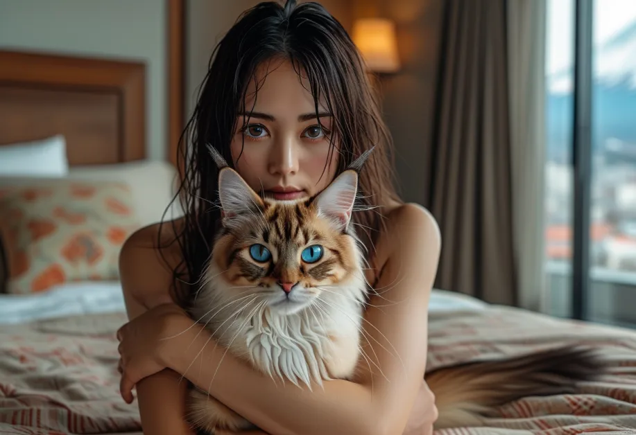 แมวบาหลีมองห่างไกลไปยังภูเขาไฟฟูจิ - ภาพที่แสดงแมวบาหลีนั่งมองภูเขาไฟฟูจิจากระยะไกลในท่าทางที่สง่างาม ทำให้เห็นถึงความเฉลียวฉลาดและการคิดค้นที่ไม่สิ้นสุด