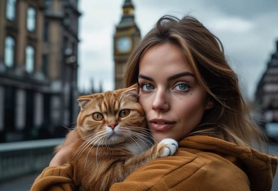 น้องแมวสก็อตติชโฟลด์สุดน่ารักยืนเคียงข้าง Big Ben เหมาะสำหรับการนำไปใช้ประกอบบทความที่ดึงดูดความสนใจ