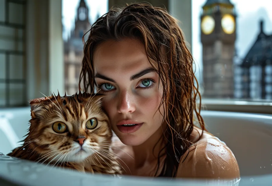 น้องแมวสก็อตติชโฟลด์กับ Big Ben แสงแดดอ่อนๆ สื่อถึงความสงบและความน่ารักที่สะดุดตา