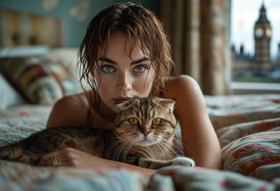 ภาพแมวสก็อตติชโฟลด์ขี้เล่นในมุมสวยๆ ของ Big Ben เหมาะสำหรับบทความที่ต้องการสร้างบรรยากาศที่อบอุ่น