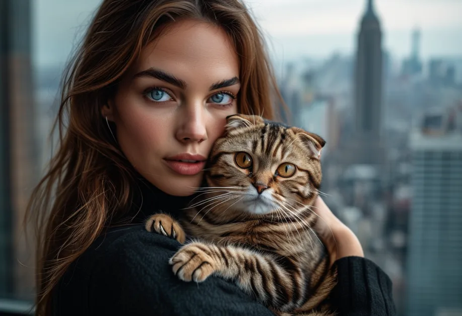 แมวสก็อตติชโฟลด์ยืนหันหน้าเล็กน้อย ด้วยสายตาที่เต็มไปด้วยความน่ารักและความสนใจ โดยมีตึก Empire State Building อยู่ด้านหลัง
