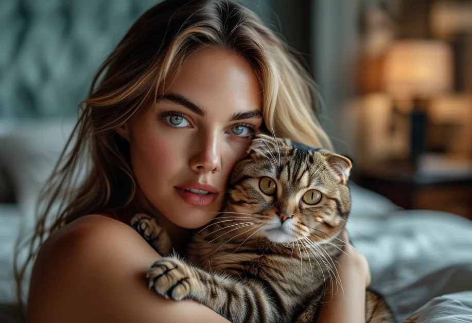 แมวสก็อตติชโฟลด์ในท่าทางน่ารัก ดวงตากลมโตแฝงเสน่ห์ ด้านหลังเป็นมุมเมืองที่เต็มไปด้วยเสน่ห์ของ Empire State Building