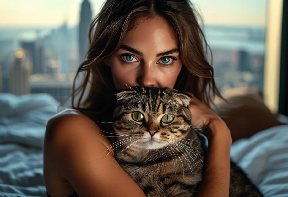 แมวสก็อตติชโฟลด์นั่งสงบ หูพับอันเป็นเอกลักษณ์ทำให้ภาพดูน่ารักและสง่างามต่อหน้าตึก Empire State Building