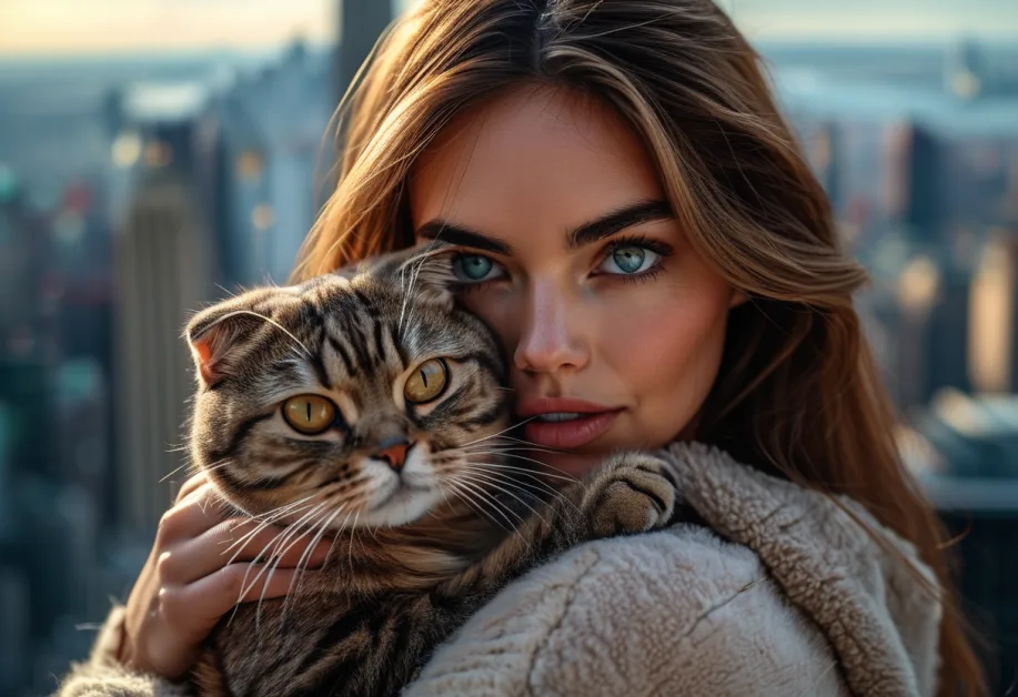 แมวสก็อตติชโฟลด์แสนน่ารักนั่งหันหน้าอ้อนบนฉากหลังของ Empire State Building สะท้อนเสน่ห์ที่ไม่เหมือนใคร