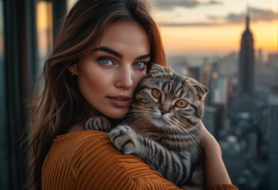 แมวสก็อตติชโฟลด์นั่งอยู่ท่ามกลางบรรยากาศยามเย็นที่มีตึก Empire State Building เป็นฉากหลัง เพิ่มความงดงามให้กับภาพ