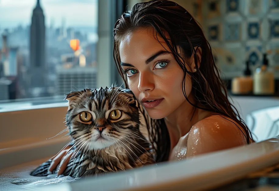 แมวสก็อตติชโฟลด์ท่ามกลางทิวทัศน์เมืองและ Empire State Building เพิ่มเสน่ห์ความน่ารักในมุมมองที่ตัดกับฉากเมืองอันโดดเด่น