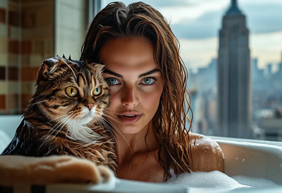 แมวสก็อตติชโฟลด์จ้องมองด้วยสายตาที่อบอุ่น ตัดกับท้องฟ้าและฉากหลังของตึก Empire State Building อย่างลงตัว