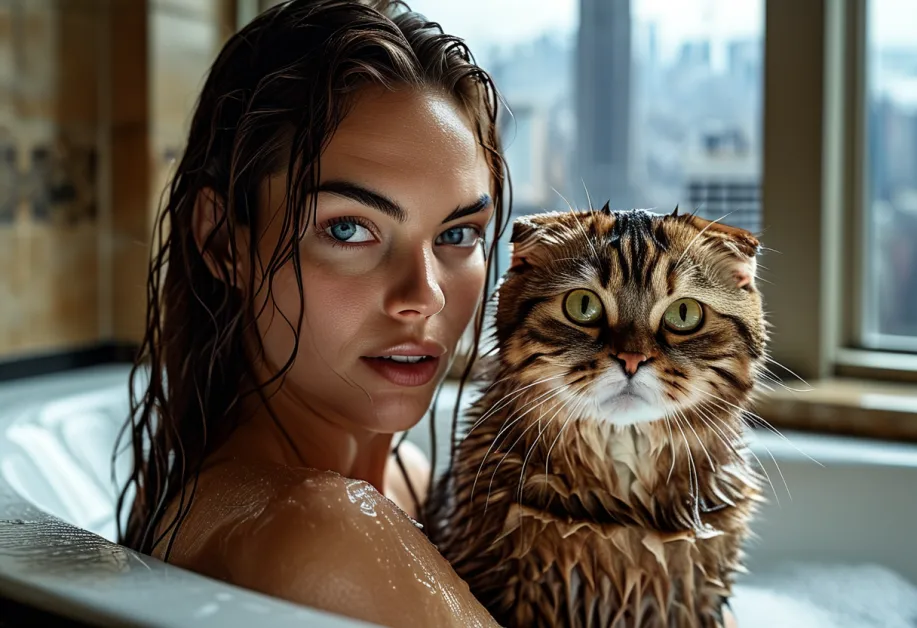 ภาพใกล้ของแมวสก็อตติชโฟลด์ หูพับอันโดดเด่นบนฉากหลังเมืองนิวยอร์ก สื่อถึงความน่ารักที่ไม่ซ้ำใคร