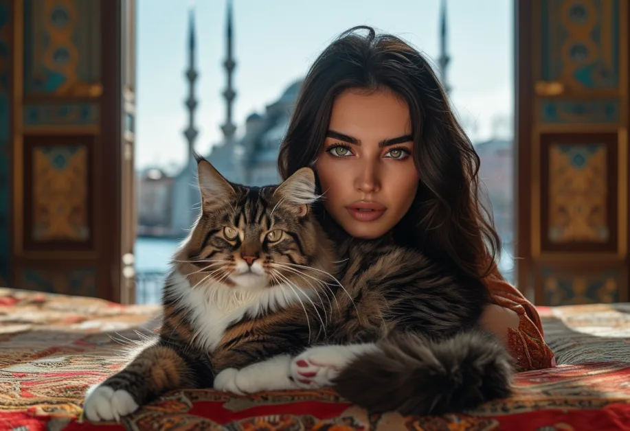แมวเมนคูนสงบเสงี่ยมใน Hagia Sophia อันทรงเกียรติ – แมวเมนคูนขนหนาท่ามกลาง Hagia Sophia พร้อมบรรยากาศที่สงบเงียบและงดงาม