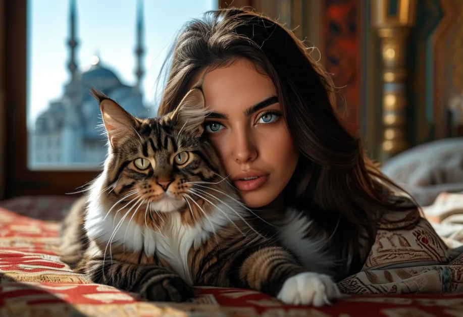 แมวเมนคูนที่ Hagia Sophia กับพื้นหลังอันหรูหรา – ภาพแมวเมนคูนใน Hagia Sophia ที่เผยให้เห็นความสวยงามของแมวและสถาปัตยกรรมที่ลงตัวในบรรยากาศศักดิ์สิทธิ์