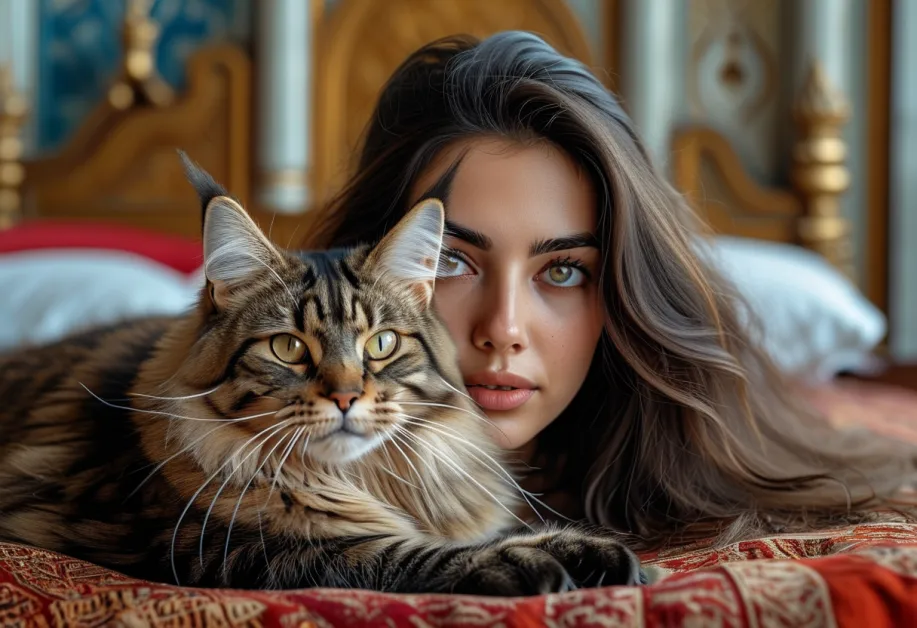 แมวเมนคูนตัวใหญ่ในวิหาร Hagia Sophia ที่โดดเด่น – แมวเมนคูนในบรรยากาศ Hagia Sophia กับสีสันที่เข้ากันได้ดีกับพื้นหลังทางสถาปัตยกรรม เพิ่มเสน่ห์ให้ภาพดูหรูหราและมีความลึกซึ้ง