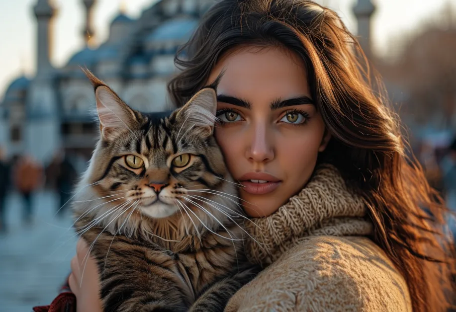 แมวเมนคูนสีเทาหน้าตาสง่างามที่ Hagia Sophia – ภาพแมวเมนคูนขนหนาสีเทา อยู่ท่ามกลางบรรยากาศศักดิ์สิทธิ์ของ Hagia Sophia สะท้อนความสวยงามและความสงบได้อย่างลงตัว