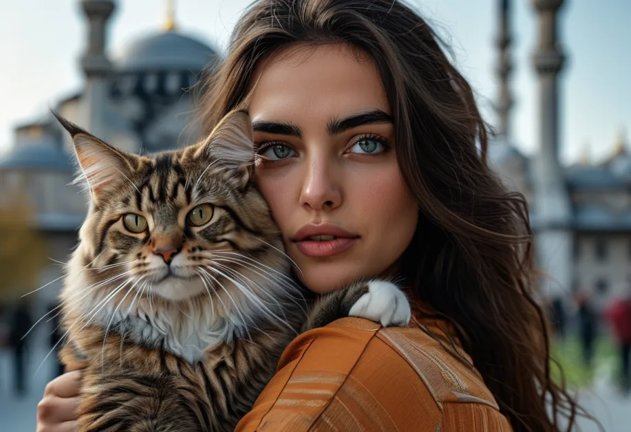 แมวเมนคูนในบรรยากาศประวัติศาสตร์ของ Hagia Sophia – ภาพแมวเมนคูนตัวใหญ่ท่ามกลาง Hagia Sophia สถานที่ที่เปี่ยมไปด้วยประวัติศาสตร์และความงดงาม