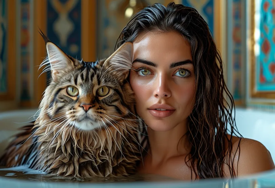 แมวเมนคูนกับฉากประวัติศาสตร์ของ Hagia Sophia – แมวเมนคูนขนสวยตัวใหญ่กับพื้นหลังสถาปัตยกรรมเก่าแก่ของ Hagia Sophia เป็นภาพที่เหมาะสำหรับคนรักแมวและสถาปัตยกรรม