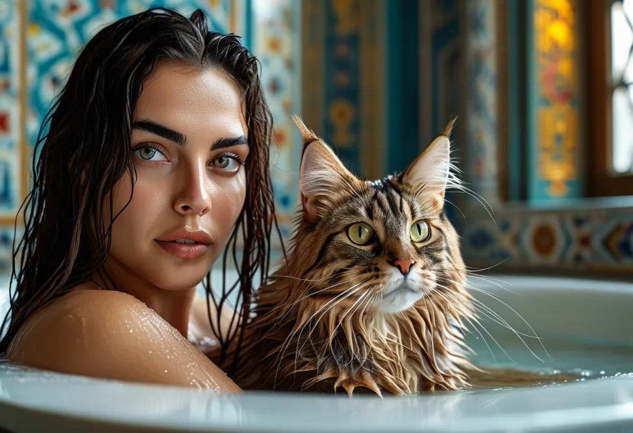 แมวเมนคูนขนฟูสำรวจความงามภายใน Hagia Sophia – แมวเมนคูนขนหนาเดินสำรวจในวิหาร Hagia Sophia ด้วยท่าทางที่สง่างาม สื่อถึงความเป็นเอกลักษณ์และความสวยงามของทั้งแมวและสถานที่