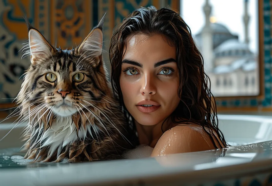 แมวเมนคูนสง่างามในบรรยากาศ Hagia Sophia อันน่าทึ่ง – แมวเมนคูนตัวใหญ่ขนหนากับฉากหลัง Hagia Sophia ที่งดงาม สร้างภาพที่มีเสน่ห์ของสัตว์เลี้ยงในสถานที่ศักดิ์สิทธิ์