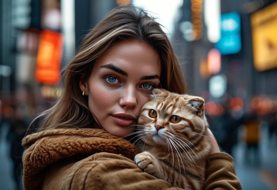 แมวสก็อตติชโฟลด์นั่งอย่างสง่างามในไทม์สแควร์ นิวยอร์ก ภาพที่แสดงถึงความน่ารักและบรรยากาศที่มีชีวิตชีวาของเมือง