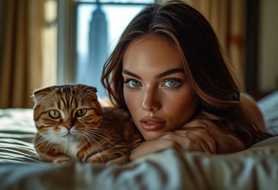 ภาพแมวสก็อตติชโฟลด์ยืนชิลๆ บนพื้นไทม์สแควร์ท่ามกลางผู้คน ความโดดเด่นและเสน่ห์ของเจ้าเหมียวในเมืองใหญ่