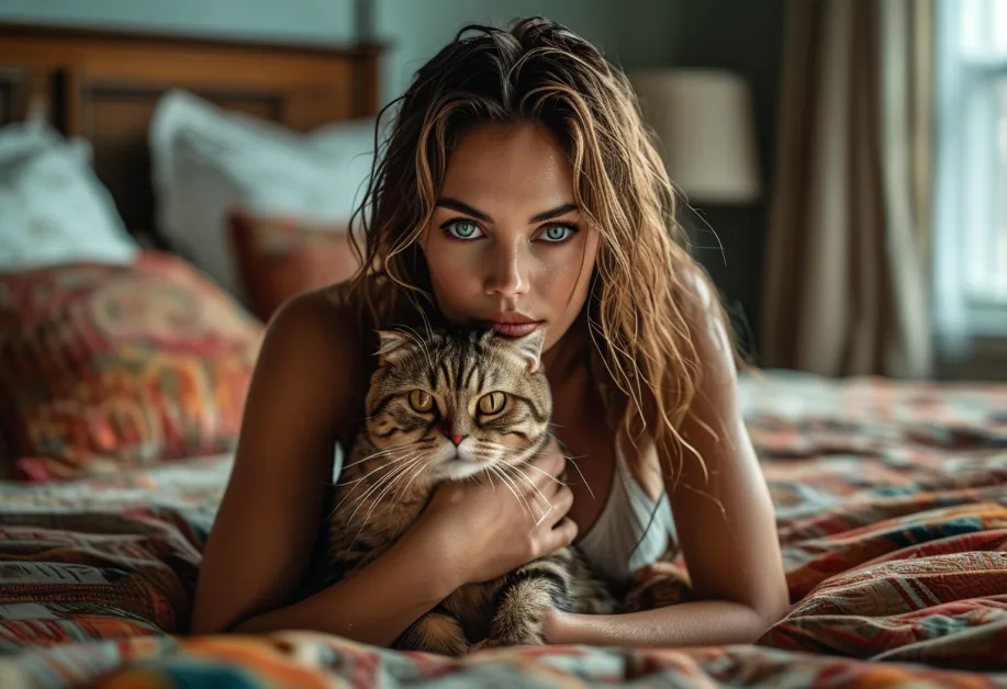 เจ้าเหมียวสก็อตติชโฟลด์จ้องมองกล้องด้วยสายตาน่ารัก ขณะนั่งอยู่ที่ไทม์สแควร์ ภาพที่แสดงถึงความขี้เล่นและความน่ารักของมัน