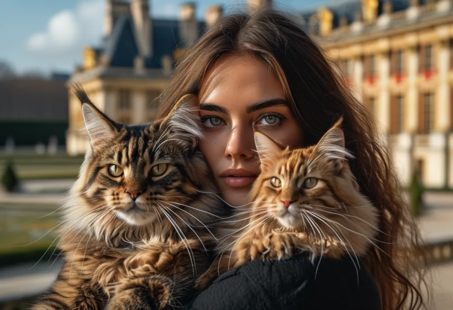 แมวเมนคูนขนยาวกับฉากหลังพระราชวังแวร์ซายส์อันทรงเสน่ห์ – ภาพแมวเมนคูนที่ดูอ่อนหวานแต่สง่างามหน้าพระราชวังแวร์ซายส์ ฉากที่สะท้อนถึงความเป็นอมตะ