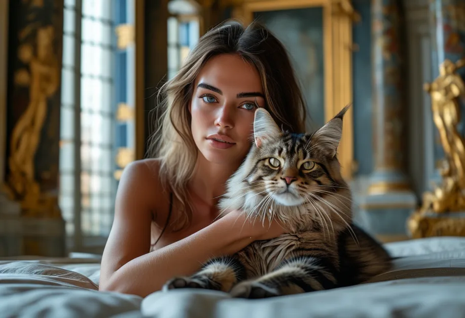 แมวเมนคูนขนฟูหน้าพระราชวังแวร์ซายส์สุดอลังการ – แมวเมนคูนขนสวยท่ามกลางฉากหลังของพระราชวังแวร์ซายส์ แสดงถึงความหรูหราและความลึกลับ