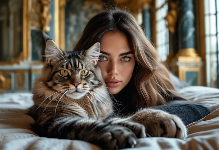 แมวเมนคูนในบรรยากาศสุดหรูของแวร์ซายส์ – แมวเมนคูนขนยาวยืนอยู่ในพระราชวังแวร์ซายส์ เพิ่มเสน่ห์ให้กับภาพด้วยบรรยากาศที่หรูหราและงดงาม