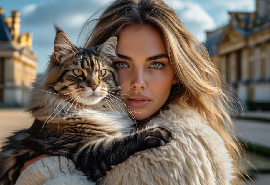 แมวเมนคูนที่พระราชวังแวร์ซายส์ในบรรยากาศสุดคลาสสิก – แมวเมนคูนสงบเสงี่ยมท่ามกลางความงามคลาสสิกของแวร์ซายส์ สร้างภาพที่มีความลงตัวระหว่างสัตว์และสถานที่