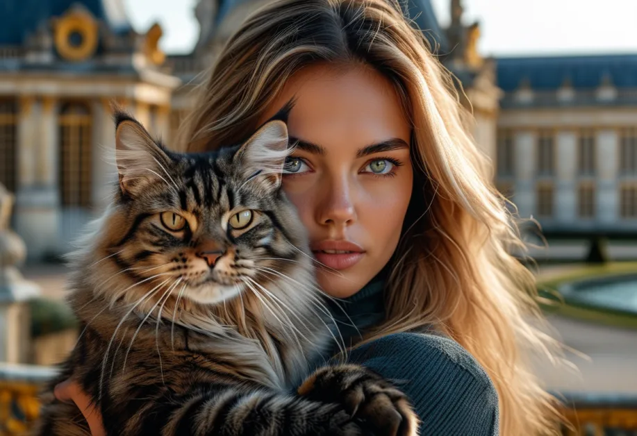 แมวเมนคูนขนยาวที่พระราชวังแวร์ซายส์ – แมวเมนคูนสง่างามที่มีขนหนานุ่ม ตัดกับฉากหลังของพระราชวังแวร์ซายส์ แสดงถึงความหรูหราและความลงตัวของธรรมชาติและสถาปัตยกรรม