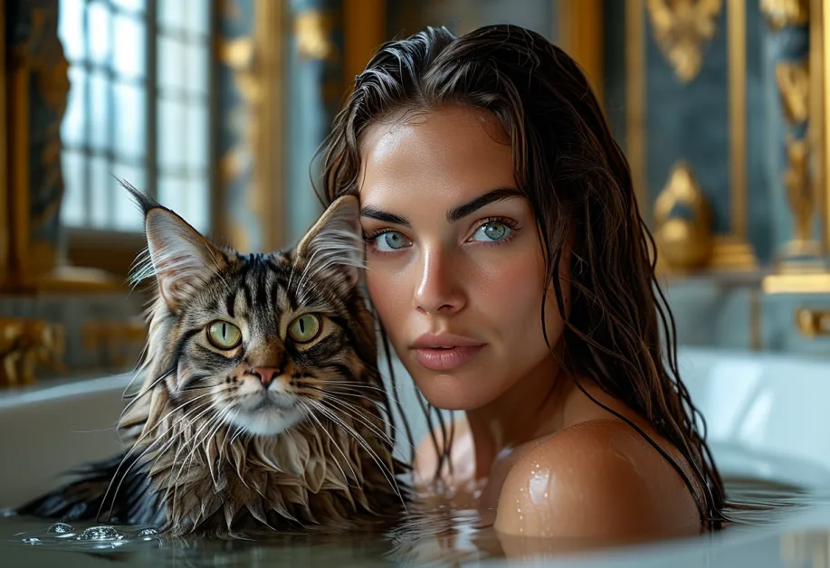 แมวเมนคูนกับฉากหลังที่งดงามของพระราชวังแวร์ซายส์ – แมวเมนคูนขนฟูงดงามยืนอยู่หน้าพระราชวังแวร์ซายส์ ซึ่งสร้างความลงตัวระหว่างความงามของสัตว์และสถาปัตยกรรมที่เป็นเอกลักษณ์