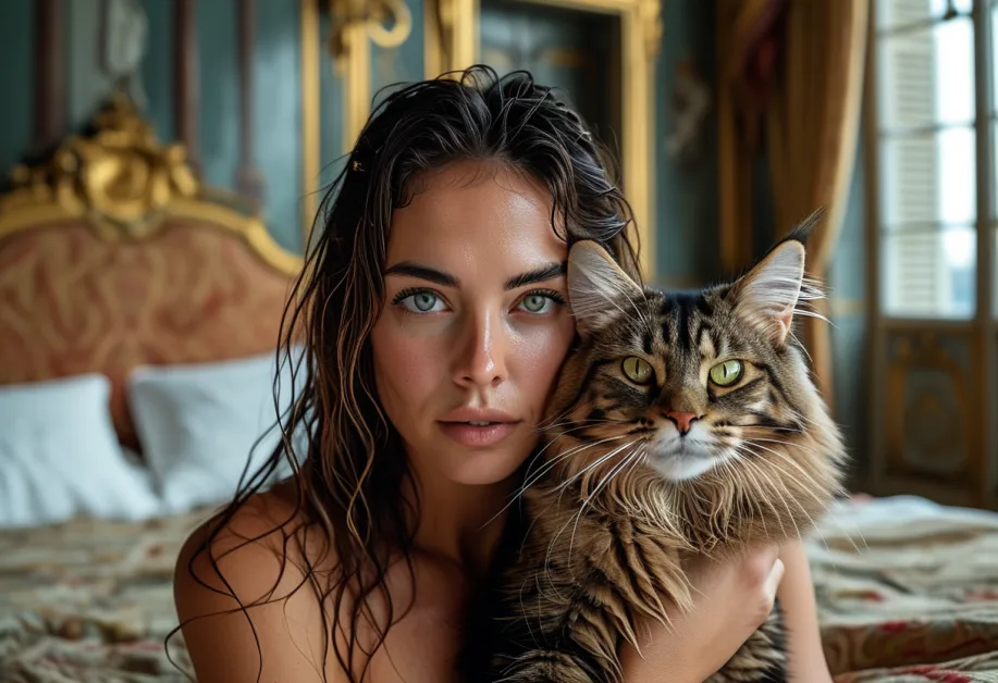 แมวเมนคูนสำรวจความงามภายในพระราชวังแวร์ซายส์ – แมวเมนคูนตัวใหญ่ขนฟูกับฉากหลังหรูหราในพระราชวังแวร์ซายส์ สะท้อนความยิ่งใหญ่และสง่างาม