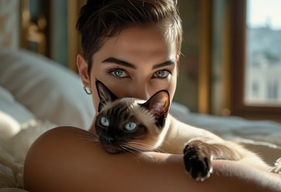 แมว Tonkinese ที่ผ่อนคลายที่ Acropolis: แมว Tonkinese ที่สวยงามตัวนี้พักผ่อนด้วยท่าทางที่สงบตัดกับทิวทัศน์ทางประวัติศาสตร์ของ Acropolis โดยเน้นธรรมชาติที่เงียบสงบและมีเสน่ห์