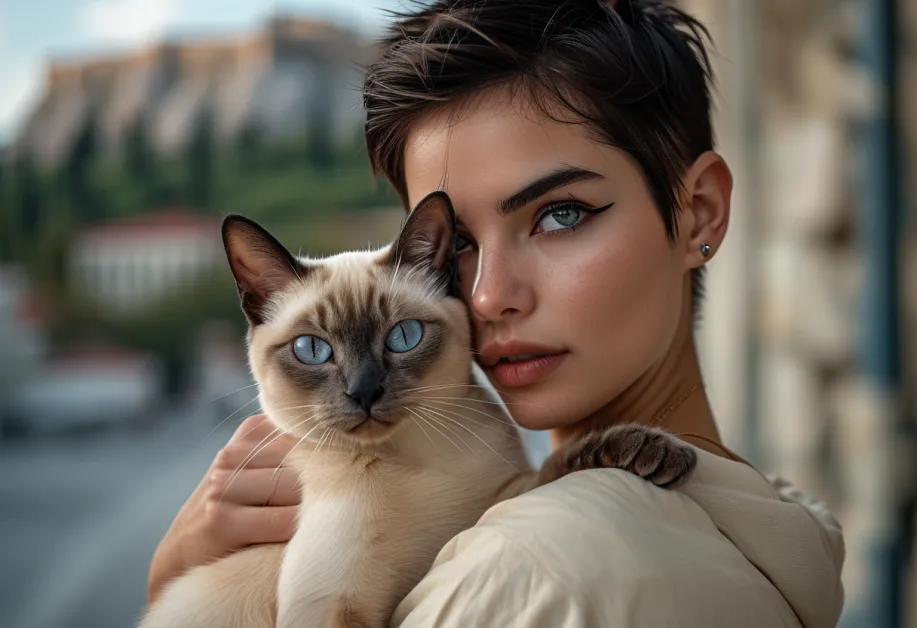 แมว Acropolis Tonkinese - ท่าขี้เล่นและกระฉับกระเฉง: แมว Tonkinese ที่สวยงามเพลิดเพลินกับวันที่มีแดดจัด อวดบุคลิกที่ขี้เล่นโดยมี Acropolis อันเก่าแก่เป็นฉากหลังที่งดงาม