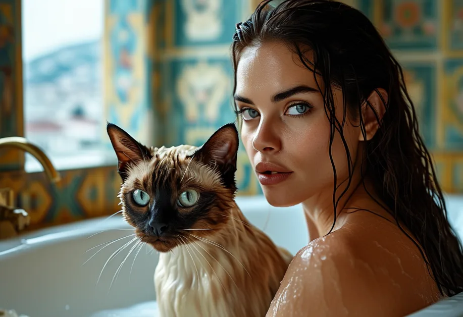 แมว Acropolis Tonkinese - ภาพบุคคลระยะใกล้: ภาพระยะใกล้ของแมว Tonkinese ที่อยากรู้อยากเห็นด้วยดวงตาที่แสดงออก โดยมีฉากหลังอันน่าทึ่งของ Acropolis แสดงให้เห็นถึงความสง่างามและความตื่นตัว