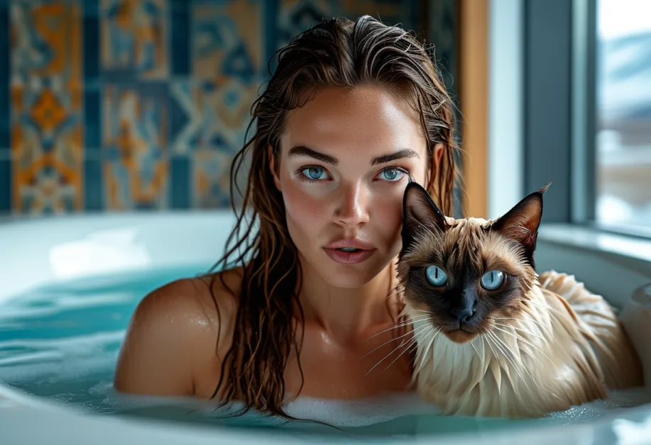 มุมมองเต็มตัวของแมวท็องกินีสที่โดดเด่น" – แมวท็องกินีสสีฟ้ากำลังยืนอยู่ในท่าทางสง่างาม เปิดเผยรูปร่างและขนที่สวยงามนุ่มเงา