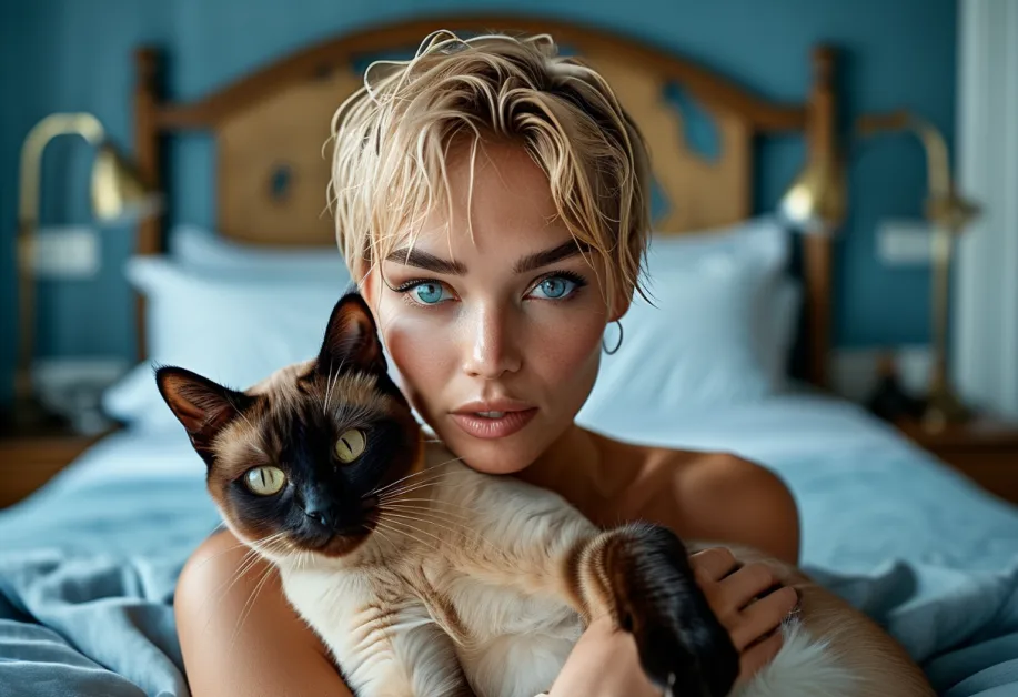 แมวท็องกินีสในช่วงพักผ่อนกับท่าทางสบายๆ" – แมวท็องกินีสขนสีฟ้าอ่อนนุ่ม กำลังนอนเล่นในท่าทางสบายๆ สร้างบรรยากาศแห่งความสงบและอบอุ่น