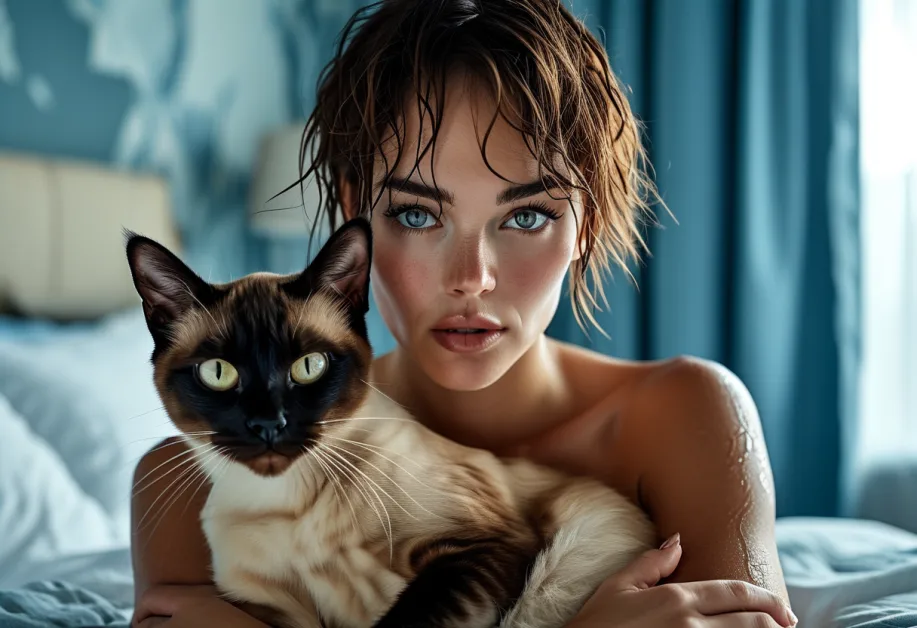 ความสุขของแมวท็องกินีสในท่าทางอิสระ" – แมวท็องกินีสที่เต็มไปด้วยความสุข กำลังเพลิดเพลินในท่าทางอิสระ เปิดเผยขนสีฟ้าสดใส